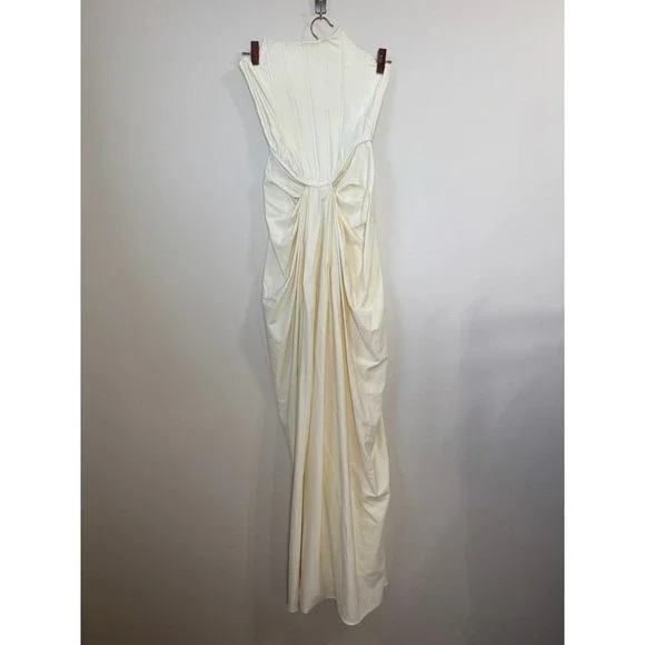Cream Ruched Draped Strapless Gown Elegant Evening Formal Dress